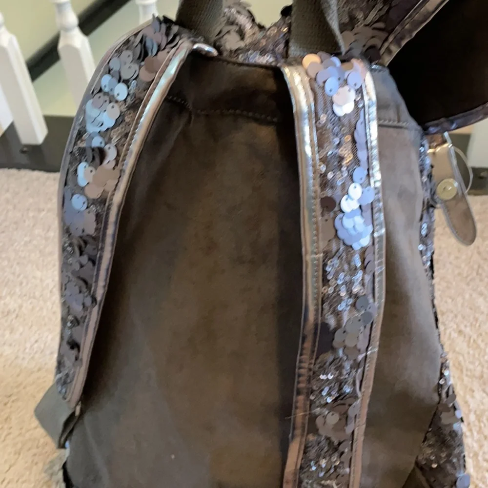 Sequin Drawstring Backpack - Black and Silver